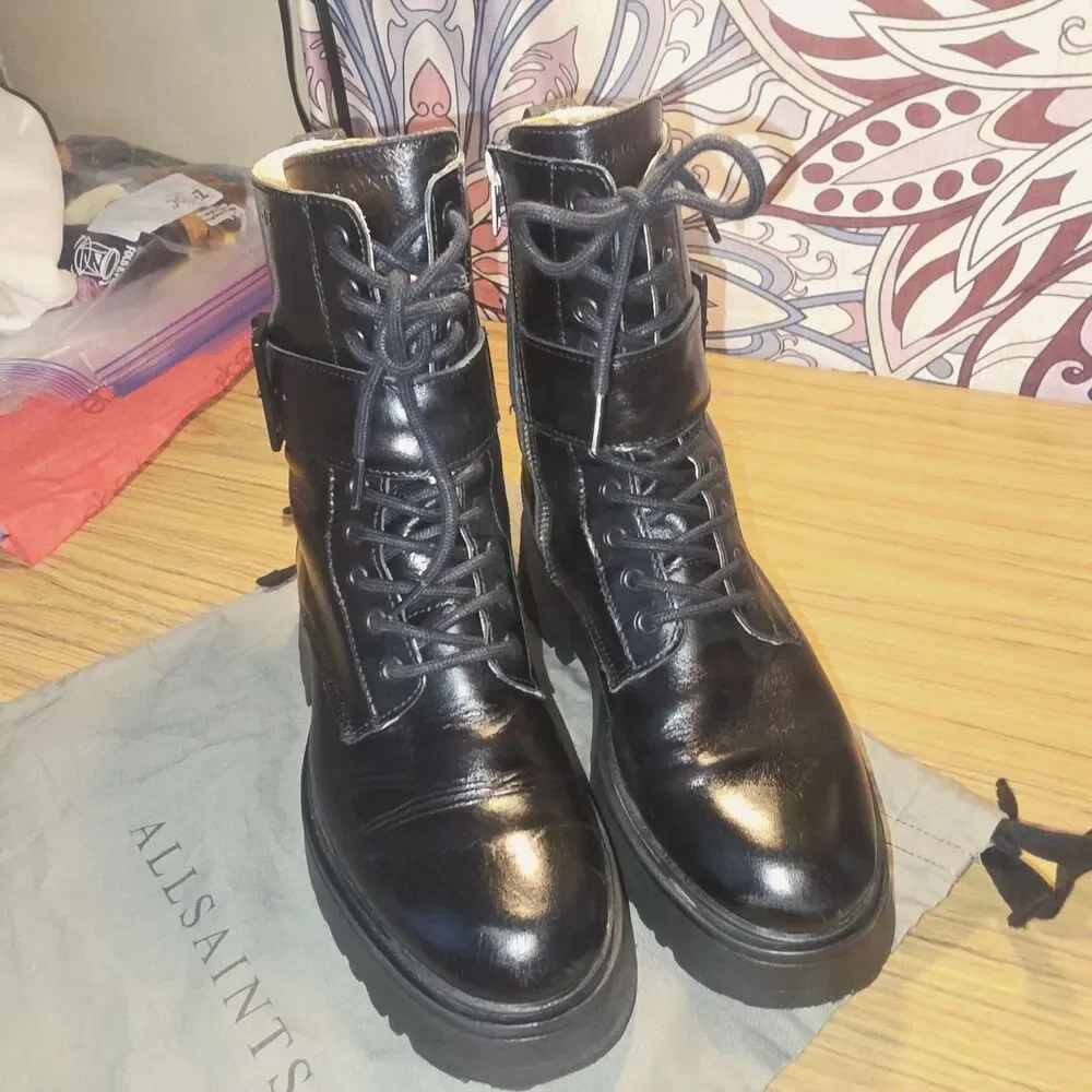 ALLSAINTS Sz 7 ONYX Black Combat Lace Up Zipper Buckle Lug Sole Moto Biker Boots - Picture 7 of 16
